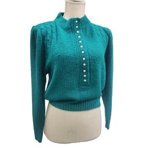 Womens Small Vintage 80's Green Knit Turtleneck Sweater Cardigan Kimberly Hope